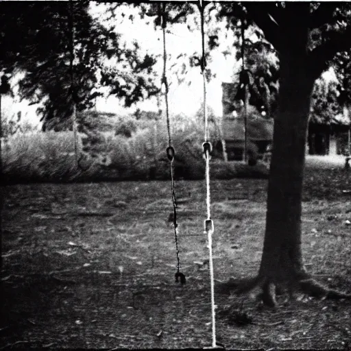 Prompt: grunge disposable camera photo of a little girl on a swing | horror | nightmare