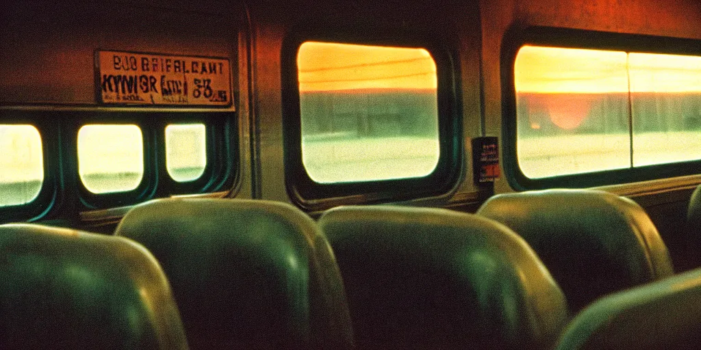 Prompt: greyhound bus interior, sunset, eerie vibe, leica, 2 4 mm lens, cinematic screenshot from the 2 0 0 1 film directed by charlie kaufman, kodak color film stock, f / 2 2, 2 4 mm wide angle anamorphic