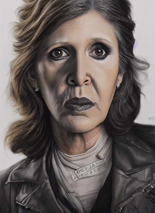 Prompt: portrait of carrie fisher, gritty, dark, wearing a leather jacket, very detailed eyes, hyperrealistic, very detailed painting by Glenn Fabry, by Joao Ruas, by Artgerm