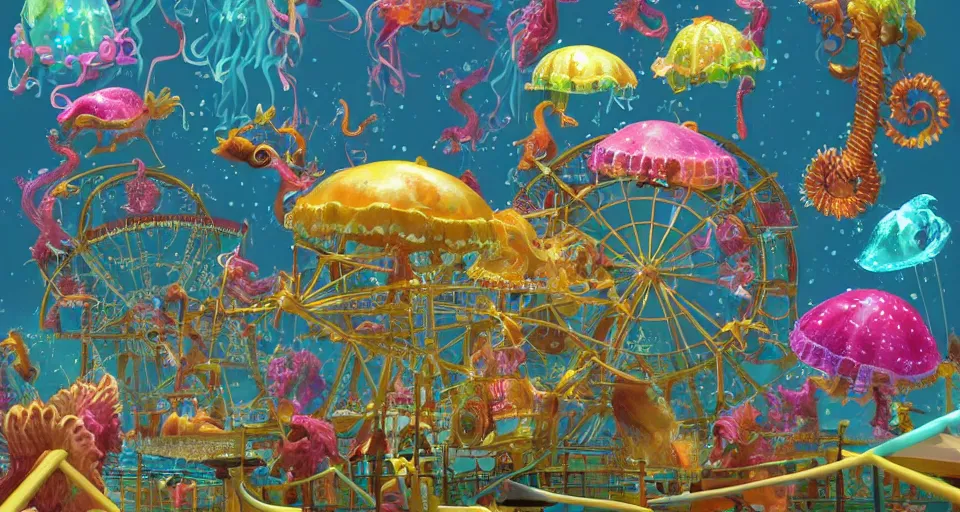 Image similar to underwater carnival, ferris wheel made of jellyfish, seahorse carousel, fish rides, beautiful, artstation, highly detailed,