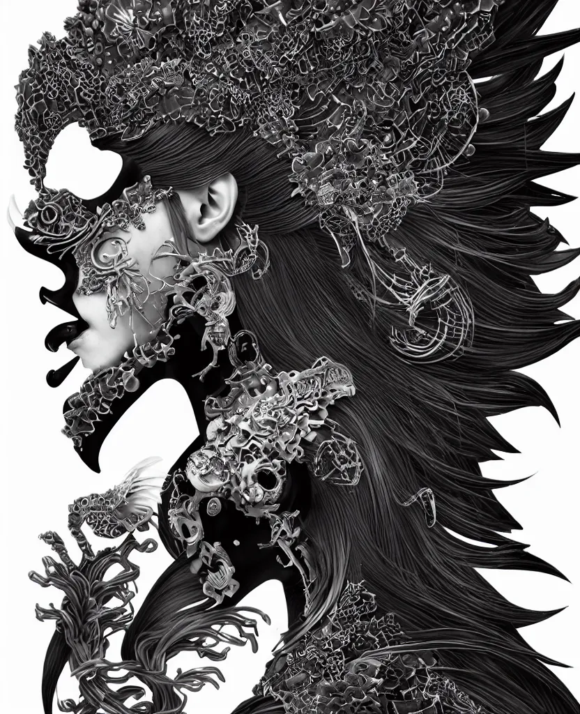 Image similar to 3 d goddess close - up profile portrait punk with mohawk with ram skull. beautiful intricately detailed japanese crow kitsune mask and clasical japanese kimono. betta fish, jellyfish phoenix, bio luminescent, plasma, ice, water, wind, creature, artwork by tooth wu and wlop and beeple and greg rutkowski