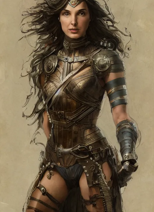 Image similar to highly detailed steampunk gal gadot standing, steel age : leonardo da vinci, greg rutkowski, magali villeneuve