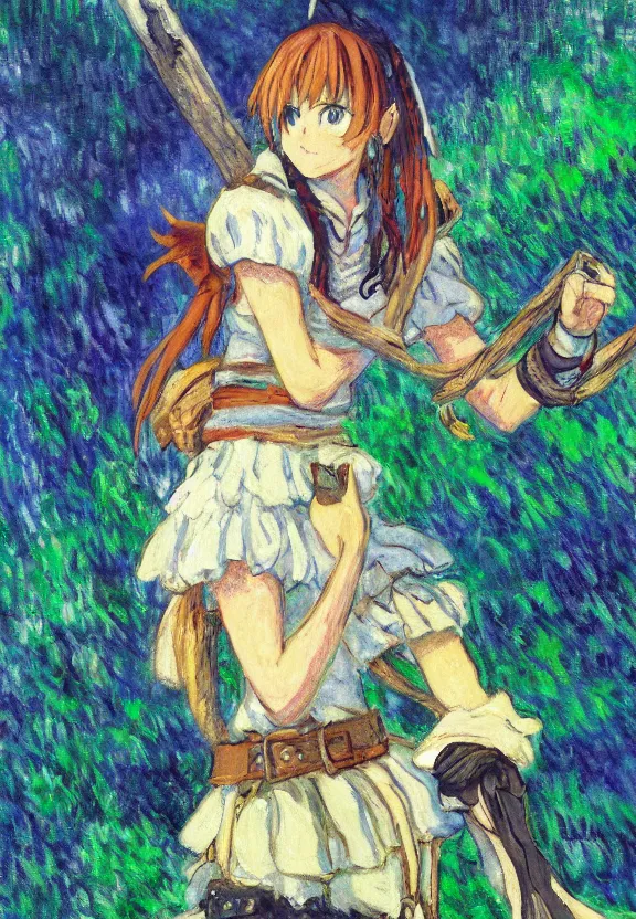 Image similar to wide angle painting of a teenage pirate girl, a thrifty uniform, somewhat of an anime in impressionist style, fantasy forest background, trending artwork, illustrated in anime painter studio, by claude monet and an anime artist, collaboration