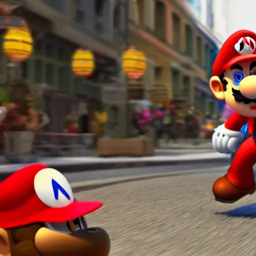 Prompt: a beautiful photo of mario fighting donky kong in the street, ultimate octane render, 8 k