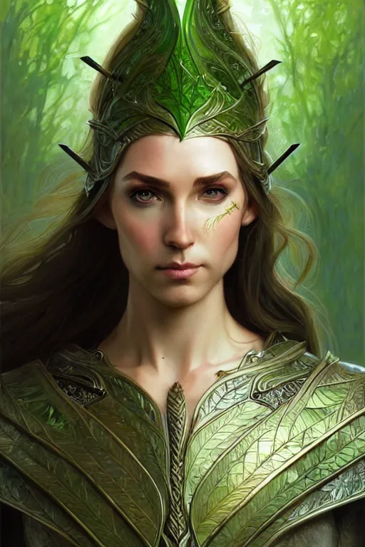 Image similar to male elven Archer armor made of green leaves, fantasy, amber eyes, face, long hair, intricate, elegant, highly detailed, digital painting, artstation, concept art, smooth, sharp focus, illustration, art by artgerm and greg rutkowski and alphonse mucha