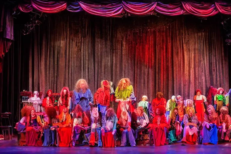 Image similar to photo of a huge theaterstage, stage is decorated as 7 0 ties kitchen and living room, theater curtains are red, 3 actors in hippy costumes with big wigs standing on stage singing, 8 k, multicolored, exaggerated detailed, long shot