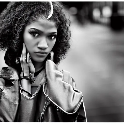 Image similar to black and white fashion photograph, highly detailed portrait of a depressed Zendaya as a drug dealer on a busy Paris street, detailed face looking into camera, eye contact, natural light, rain, mist, lomo, fashion photography, film grain, soft vignette, sigma 85mm f/1.4 1/10 sec shutter, Daren Aronofsky film still promotional image, IMAX 70mm footage