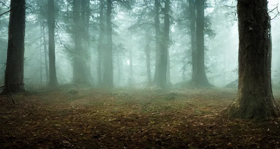 Image similar to a strange alien artifact in the middle if a beautiful forest, moody, atmospheric lighting, cinematic, 4 k