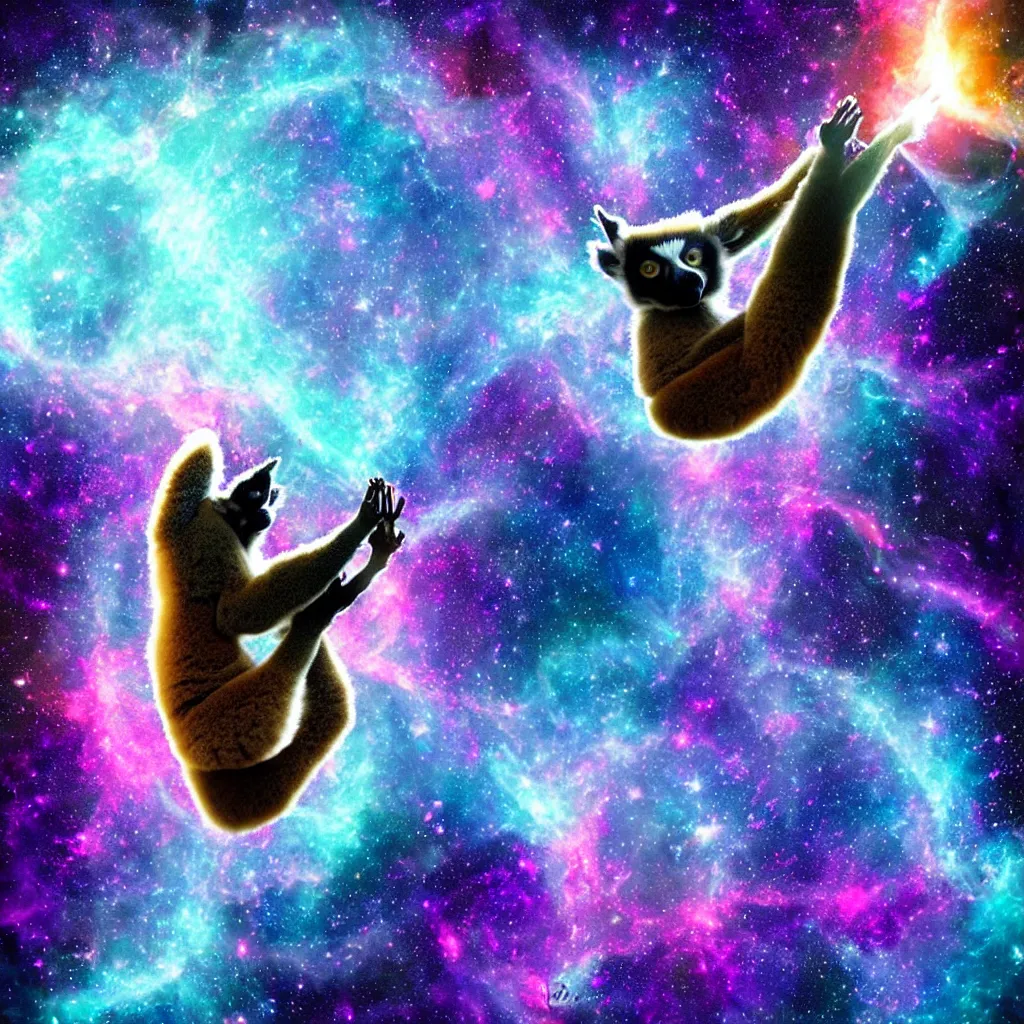 Prompt: lemur in inspiring yoga pose in cosmic space with nebula and stars, breathtaking abstract digital art, award winning