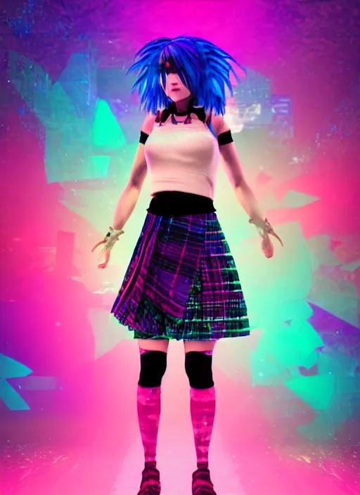 Prompt: a cyberpunk woman with rainbow hair wearing a flared plaid mini skirt, vaporwave, glitch art, 9 0 s vhs aesthethic, digital art by wlop, by hideaki anno, neon lights, octane render, anime style
