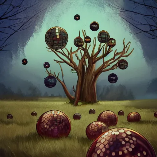 Prompt: with imeadenthewoody theme of forest, northern hemisphere trending on artstation, beautiful digital illustration trending on artstation a farm of disco balls by ilyphara, lilypad, swords, effigy