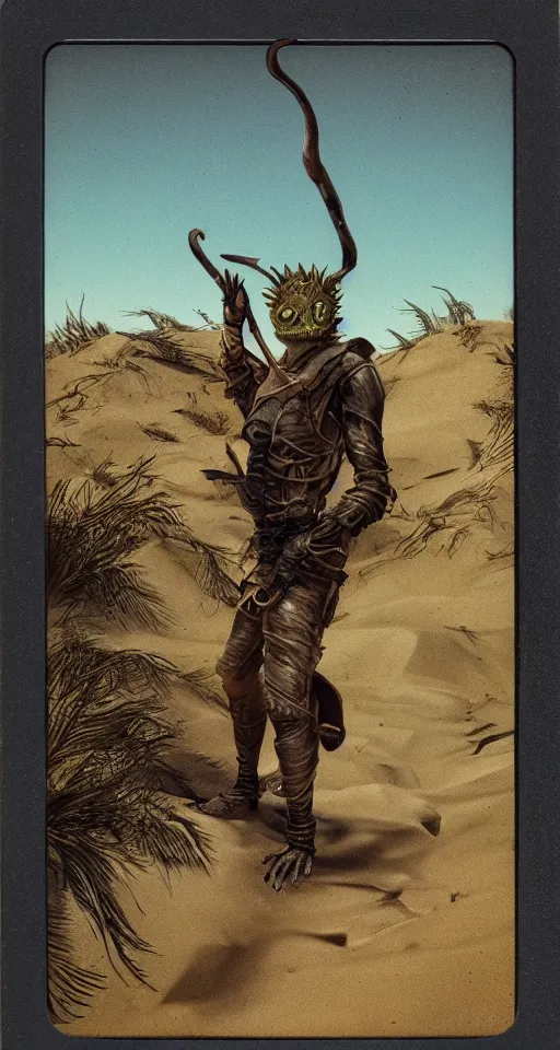 Image similar to charred photograph of a half man half lizard hybrid exploring a dune with treasure in his backpack and a sword in his hand, 4 k, detailed, landscape, realistic, polariod