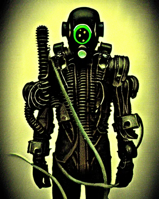 Image similar to portrait of dark haunted atomospheric detailed cyberpunk demon soldier with mechanical wires wearing cyberpunk gas mask from the netherealm smoke mist vapor foggy enviorment from by hr giger