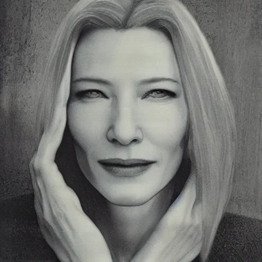 Image similar to portrait of cate blanchett ,japanese wood print