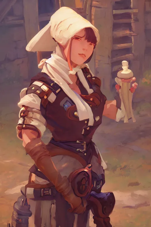 Image similar to a portrait of a cute female medieval peasant, rustic setting, overwatch art team, action pose, vivid colors, soft lighting, atmospheric, cinematic, moody, splash art in the style of ilya kuvshinov and range murata, oil on canvas, 8 k