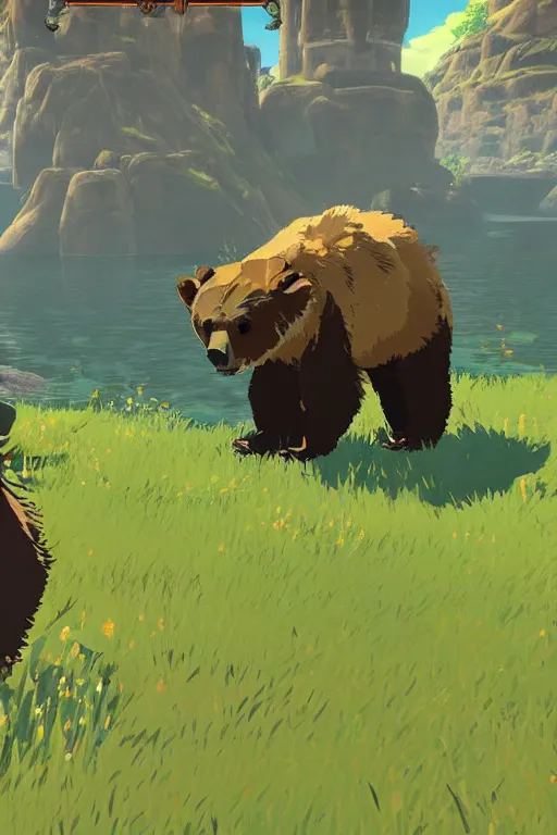 Prompt: in game footage of a grizzly bear from the legend of zelda breath of the wild, breath of the wild art style.