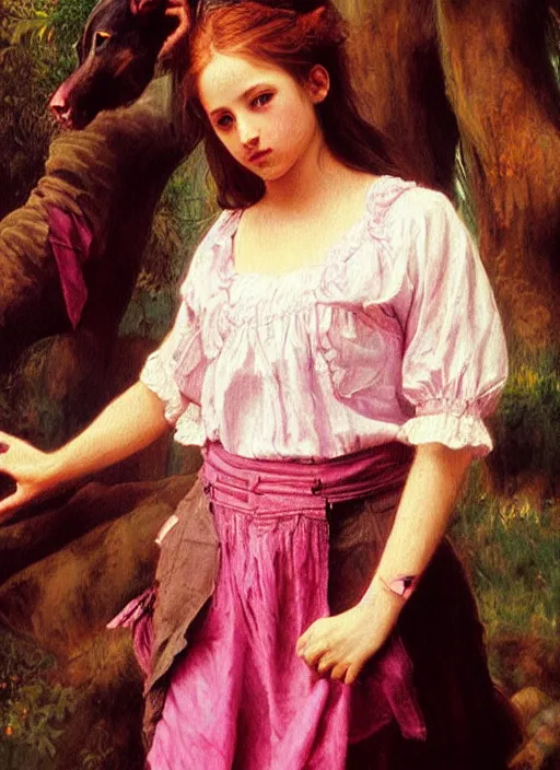 Image similar to full body oil painting of smoking wolf wearing pink shirt, in the style of sophie anderson dramatic painting, high detail, lights