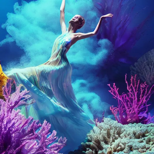 Image similar to beautiful geni morrow dancing underwater wearing a flowing dress made of blue, magenta, and yellow seaweed, delicate coral sea bottom, swirling silver fish, swirling smoke shapes, octane render, caustics lighting from above, cinematic