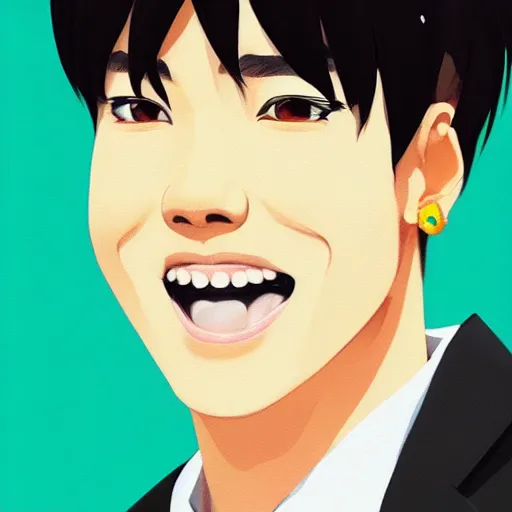 Prompt: a headshot of a very happy bts jimin closed smile - short black hair wearing male school uniform, sharp focus, illustration, morandi color scheme, art station, high detailed, by ilya kuvshinov, gorillaz art