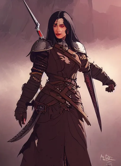 Image similar to concept art of a dangerous dark haired female warlord. witcher 3 character design by laurie greasley and sherree valentine daines concept art, matte, sharp focus, illustration, hearthstone, art by artgerm and greg rutkowski and alphonse mucha