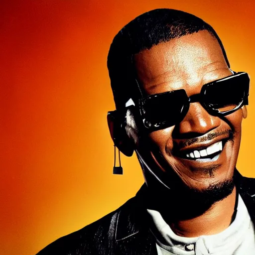 Image similar to the next best jamaican riddims dub trap phonk album cover, jamie foxx as ray charles movie