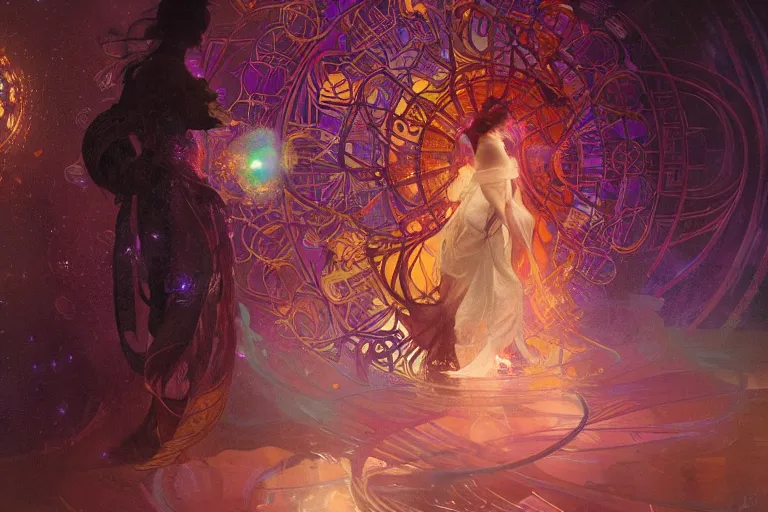 Prompt: she walks between arcs of purple flame intertwined with glowing sparks, glinting particles of ice, dramatic lighting, steampunk, bright neon, secret holographic cyphers, red flowers, solar flares, intricate art by alphonse mucha and greg rutkowski and ruan jia