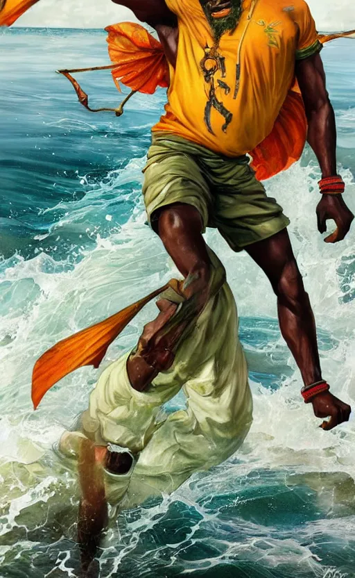 Image similar to Jamaican fisherman wearing calico cloth and posing in a battle stance in the Jamaican sea, style by Ross Tran and Artgerm and Peter Mohrbacher