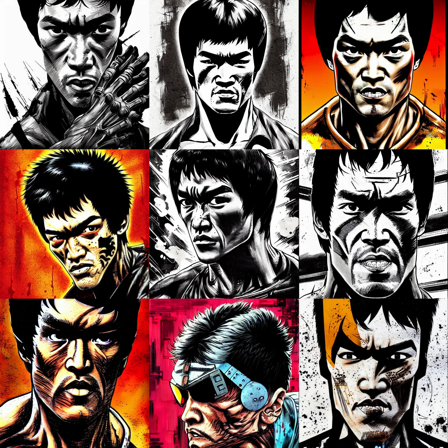 Prompt: bruce lee!! cell shaded! scary head portrait of bruce lee terminator cyborg as Borderlands 3 concept art, llustration, postapocalyptic grunge, concept art by Laurie Greasley, highly detailed, sharp focus,alien, HQ, 4K ,art by Laurie Greasley