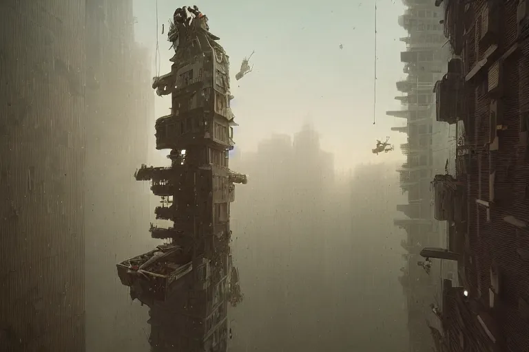 Image similar to man falling from the top of the building, wide shot, sci fi, art by mike winkelmann, trending on cgsociety, retrofuturism, darksynth, sci - fi, reimagined by beksinski carl spitzweg
