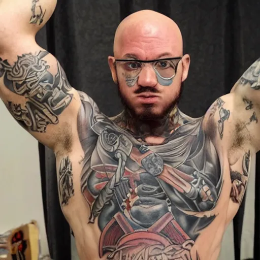 Prompt: muscular bald man, tattooed body, sword in hands, HD, anime,