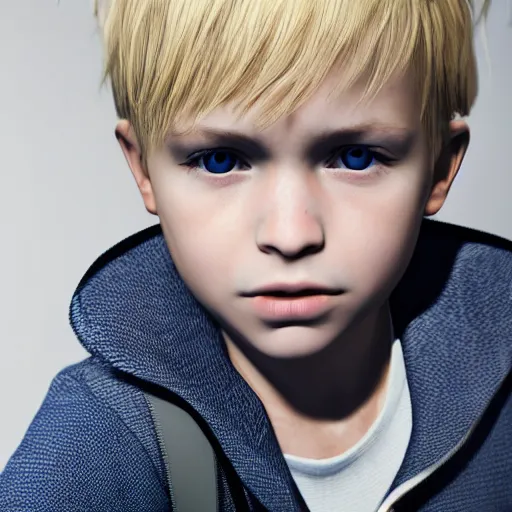 Image similar to a detailed portrait of boy with blonde hair and blue eyes, unreal engine 5 rendered, incredibly highly detailed and realistic, 8 k, sharp focus, studio quality