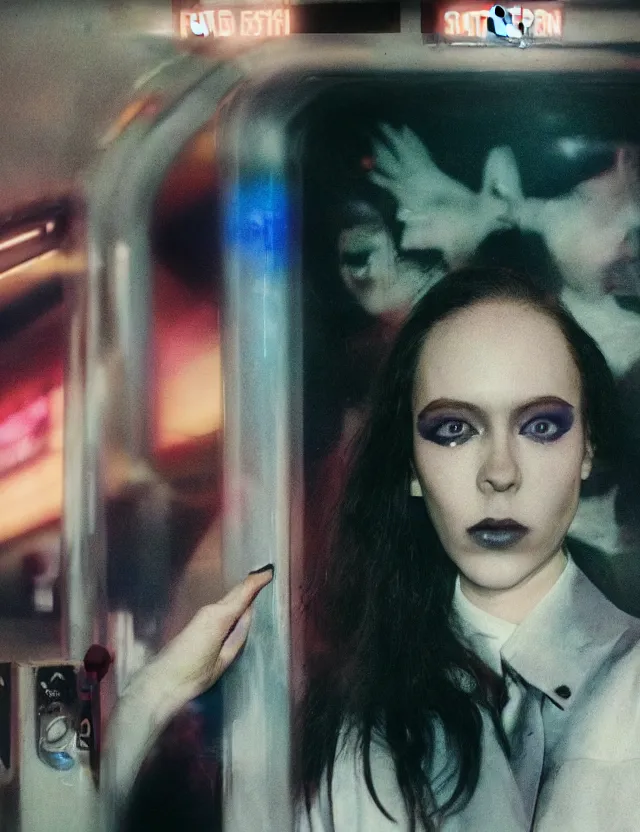 Image similar to portrait of girl with smokey eyes makeup in a subway train, dressed in leather suit, neon light, wide high angle coloured polaroid photograph with flash, kodak film, hyper real, stunning moody cinematography, with anamorphic lenses, by maripol, fallen angels by wong kar - wai, style of suspiria and neon demon and children from bahnhof zoo, detailed