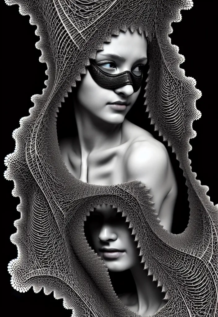 Image similar to portrait of a young beautiful woman with a partially face covering mask. fractal, mandelbulb technique. black and white, black on black. intricate, elegant, super highly detailed, professional digital painting, smooth, extreme illustration, 8k, 3D, beautiful, cinematic. art deco, art nouveau.