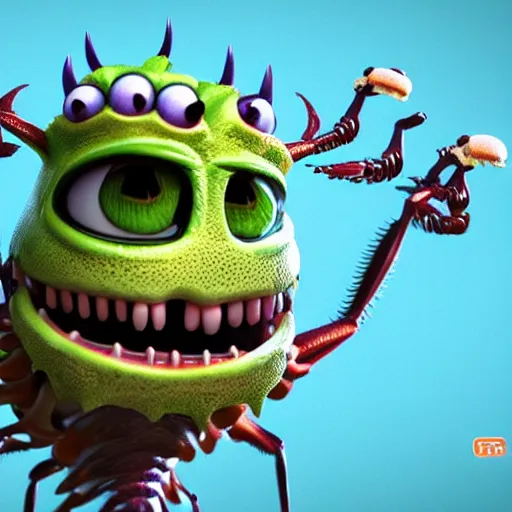 Prompt: cute insect plant creature with big eyes and teeth, many arms and legs with radial symmetry, detailed character concept 3 d pixar style render 4 k