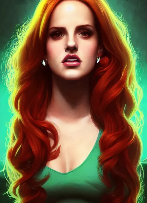 Image similar to full body portrait of teenage cheryl blossom, bangs, green eyes, sultry expression, red hair, sultry smirk, bangs and wavy hair, bangs, intricate, elegant, glowing lights, highly detailed, digital painting, artstation, concept art, smooth, sharp focus, illustration, art by wlop, mars ravelo and greg rutkowski