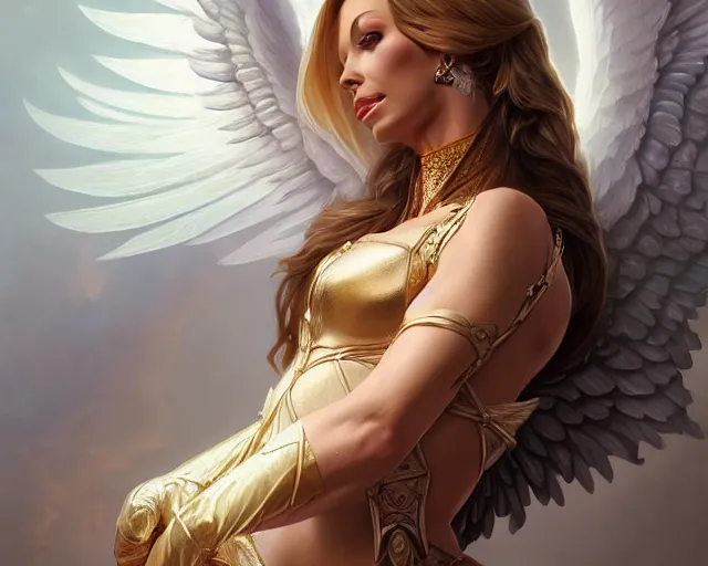 Image similar to isabelledeltore as an angel with wings, 8 k, deep focus, d & d, fantasy, intricate, elegant, highly detailed, digital painting, artstation, concept art, matte, sharp focus, illustration, hearthstone, art by artgerm and greg rutkowski and alphonse mucha