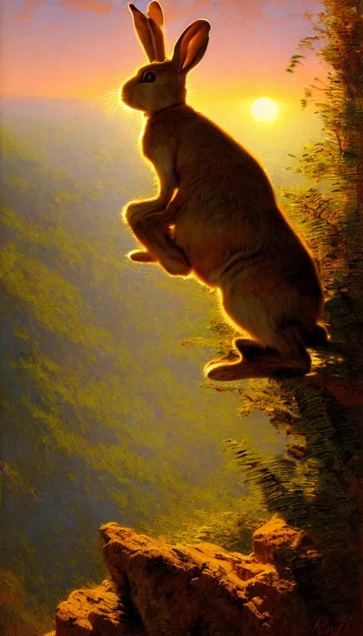 Image similar to hyper realistic rabbit looking off of a cliff, sun setting behind rabbit, lush forest in valley below, painted by gaston bussiere, craig mullins, j. c. leyendecker 8 k