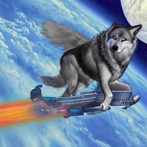 Prompt: a wolf in a jetpack in space