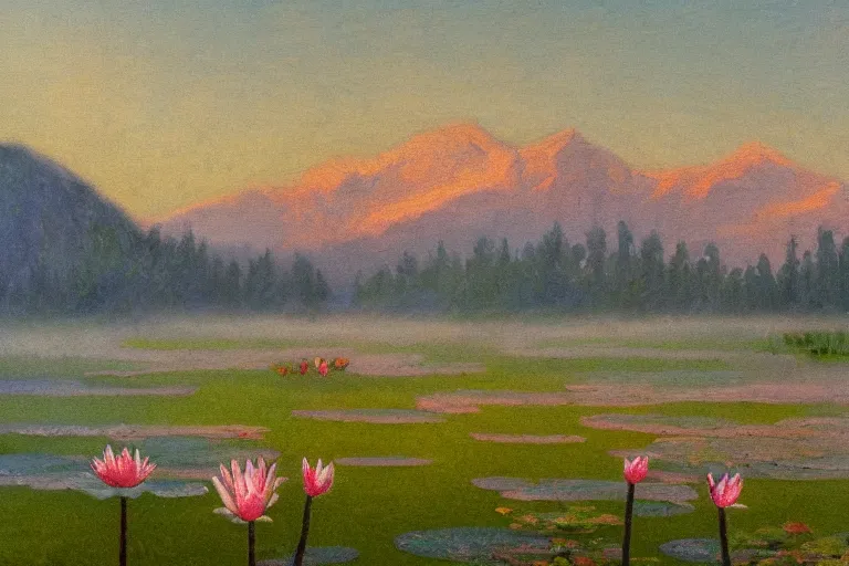 Image similar to impressionism painting of a pond of water lily on a foggy morning, sun low on horizon through snow capped mountains, soft light, misty