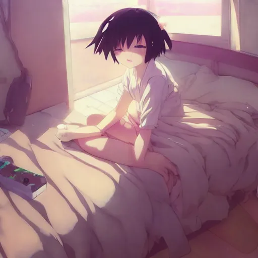 Image similar to a cute anime girl sleeping!!! in a messy room, wlop, ilya kuvshinov, artgerm, krenz cushart, greg rutkowski, hiroaki samura, range murata, james jean, katsuhiro otomo, erik jones, serov, surikov, vasnetsov, repin, kramskoi 4 k