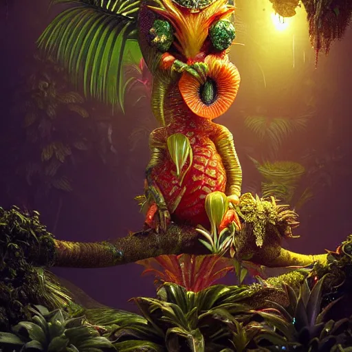 Image similar to tropical fruit creature in a lush trunda vegetation, water reflection, night, backlit, warm tones, bioluminescent : by michal karcz, daniel merriam, victo ngai and guillermo del toro : ornate, dynamic, particulate, intricate, elegant, highly detailed, centered, artstation, smooth, sharp focus, octane render