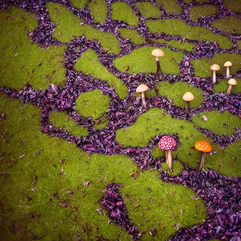 Image similar to a planet of various fungus, mushrooms, flowers and plants, inside the picture is infinity, Atmospheric, artistic photography, conceptual, long exposure outside the city, volumetric light