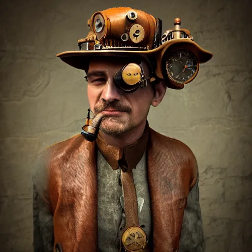 Image similar to a steampunk man, aged 4 0, wearing a steampunk hat made of junk, photo realistic, octane render, trending on artstation