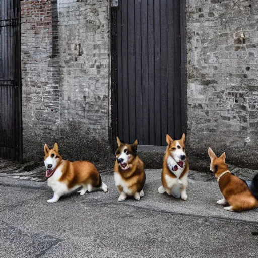 Prompt: Corgis standing in an alley, facing away from the camera, seductively looking back. Photograph, 4k, realistic, mood lighting