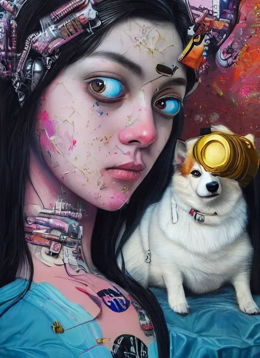 Prompt: beautiful portrait painting of a beautiful lofi cyberpunk princess and her corgi assassin king chilling, by Afarin Sajedi, Alessandro Barbucci, Alex Gross, Shin Jeongho, Shohei Otomo. trending on Artstation, 8k, masterpiece, face enhance, graffiti paint, fine detail, full of color, intricate detail, golden ratio illustration