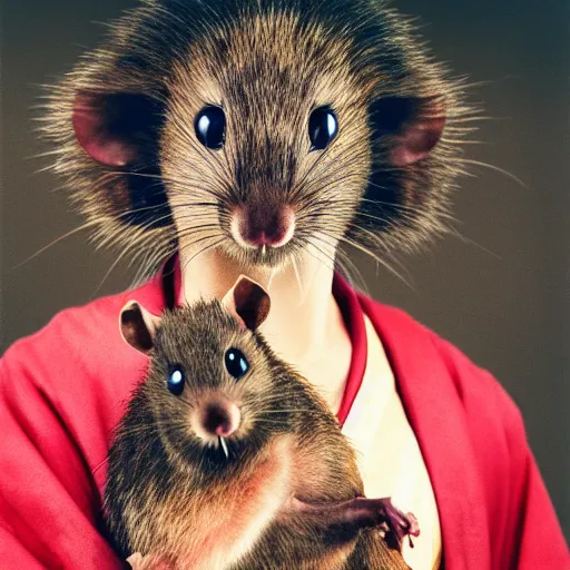 Prompt: a portrait of a human-rat hybrid with brown fur wearing a red kimono, hyper realistic, photography, film still
