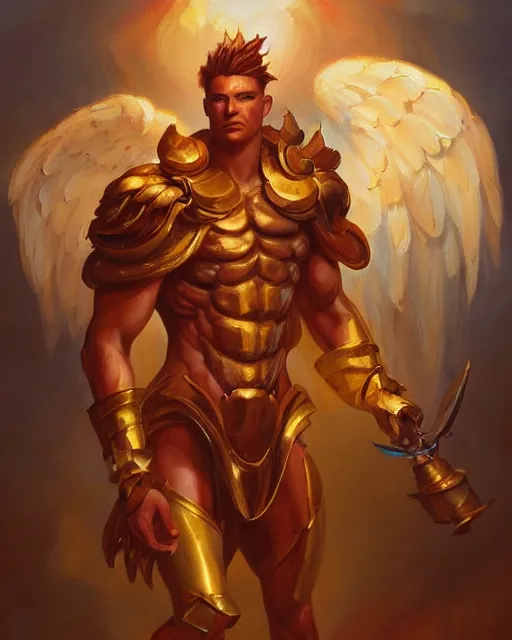 Prompt: character portrait of a muscular male angel, in shining armor, with fiery golden wings, by peter mohrbacher, mark brooks, jim burns, marina abramovic, wadim kashin, greg rutkowski, trending on artstation