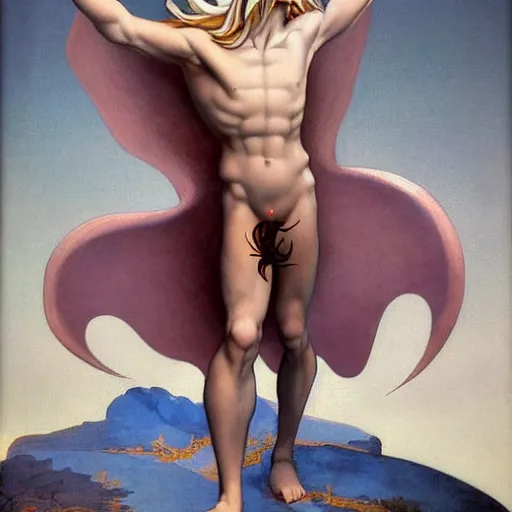 Image similar to A extreme long shot, stunning, breathtaking, awe-inspiring, award-winning, ground breaking, concept art, nouveau painting, of Lucifer, extra-light natural blonde hair, sophisticated well rounded face, bright glowing eyes like LEDs, Lean Body, porcelain looking skin, standing tall invincible over the remains of Heaven, posing as a JoJo character, by Michelangelo, Caravaggio, Dark Fantasy mixed with Socialist Realism, exquisite portrayal, dramatic representation, hyperrealistic picture, atmospheric scene, cinematic, trending on ArtStation , photoshopped, deep depth of field, intricate detail, finely detailed, small details, extra detail, attention to detail, symmetrical, high resolution, 3D, PBR, path tracing, volumetric lighting, golden hour, octane render, arnold render, 8k