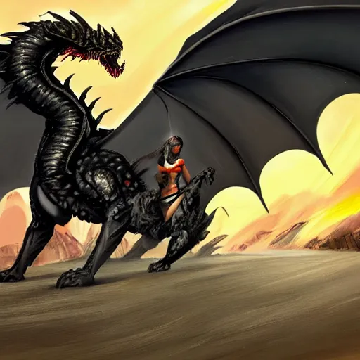 Image similar to a painting of a woman warrior riding a dirt bike in the middle of epic fantasy fight with a huge black dragon