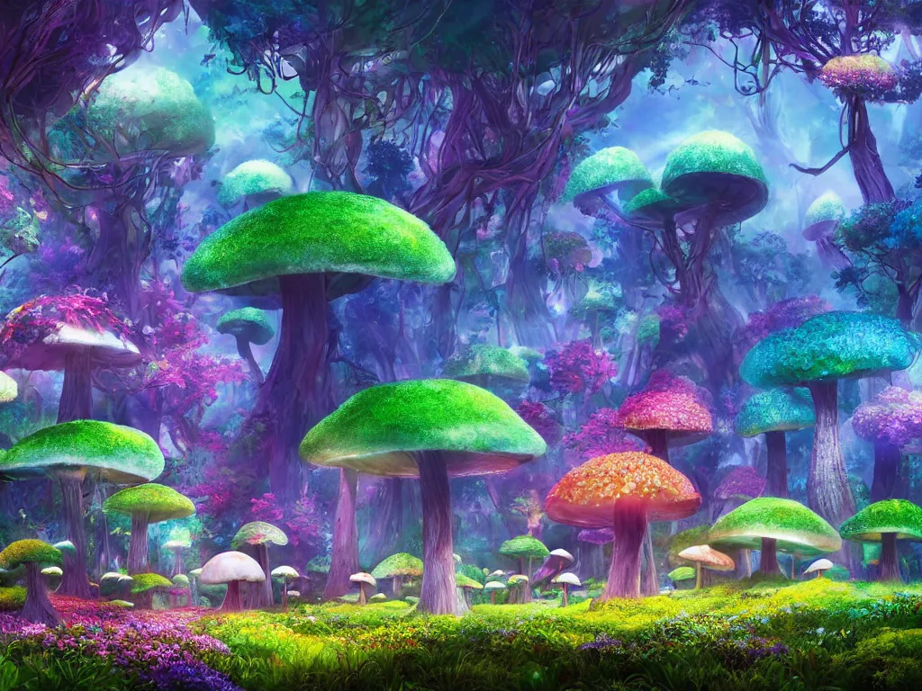 Image similar to a beautiful otherworldly fantasy landscape of giant luminous mushroom trees forming canopies over bright colorful mythical sprouted floral plants and colorful foliage on the ground, like alice in wonderland, extreme detail, studio ghibli and pixar and abzu, rendering, cryengine, deep color, blue and green and purple bioluminescent